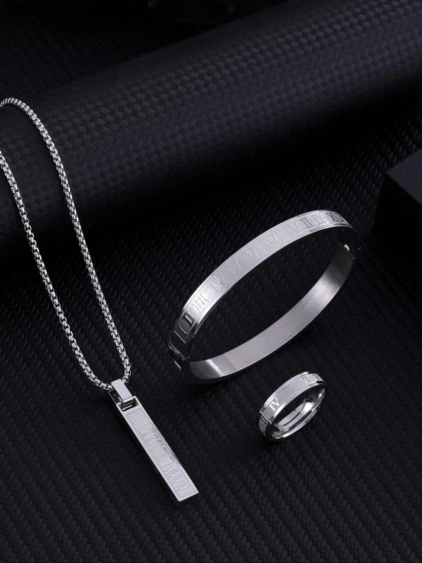 Men's Minimalist Temperament Stainless Steel Jewelry Set, Casual Trendy Letters Engraving Pendant Necklace & Bangle & Ring, Fashion Accessories for Daily Wear