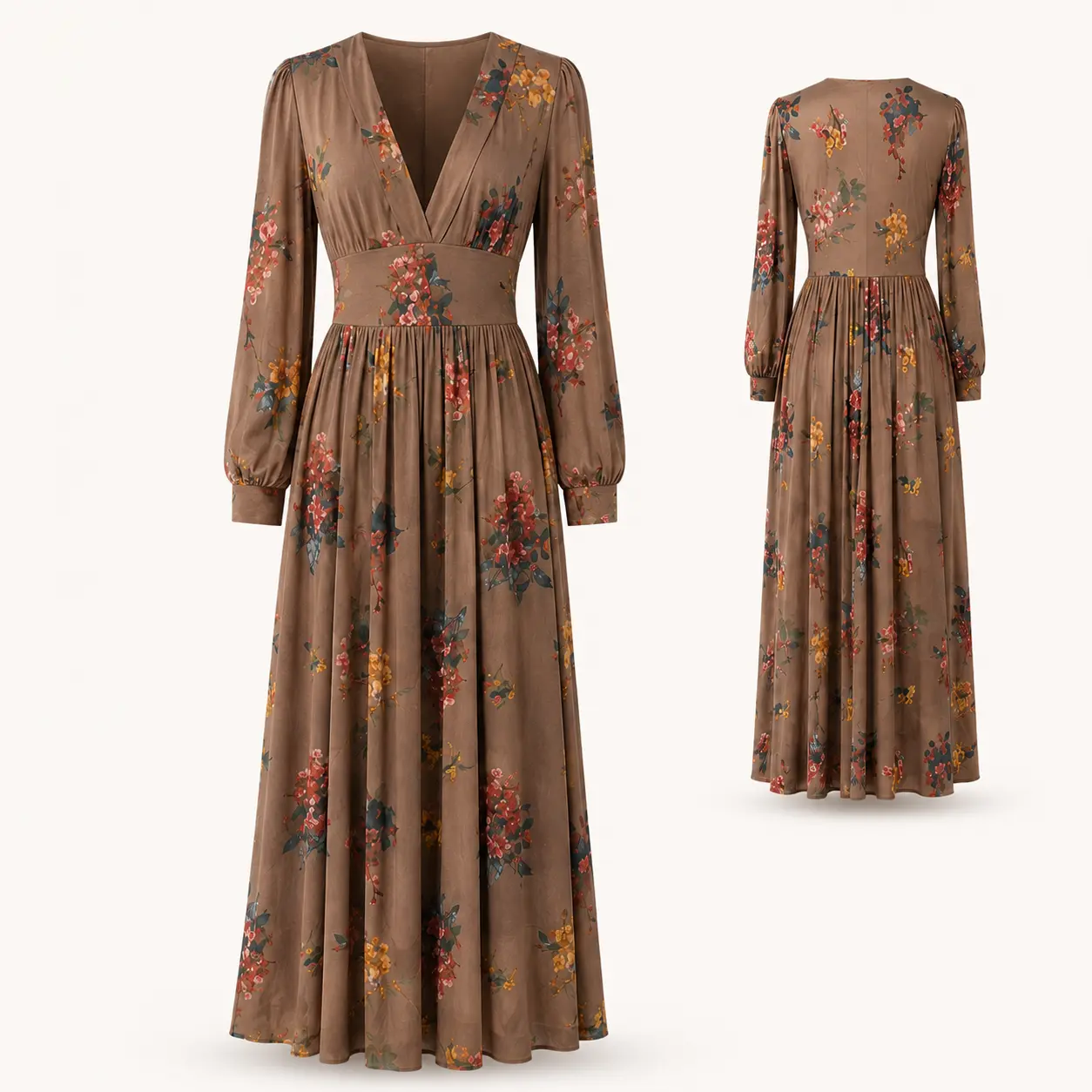 Daily Active House Women's Chiffon Maxi Dress with Digital Botanical Print, V-Neck Full Sleeve Gown with Fitted Waist for Autumn Dates, Long Sleeve, Floral, Full Sleeves