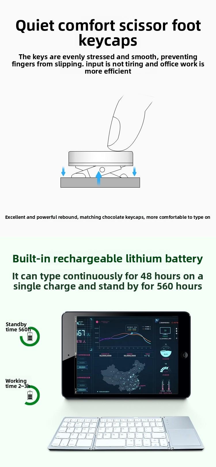 Wireless Bluetooth Keyboard for Android Smartphone Tablet Dual Device Connection Rechargeable Battery Foldable Touchpad Smart Laptop Typing Tool B033