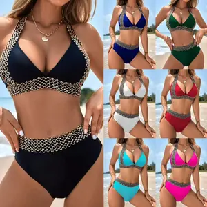 2026 European and American Swimsuit Amazon Cross-Border Women's Two-Piece Tight-Fitting Solid Color Sexy Bikini High-Waisted Colorful Swimsuit
