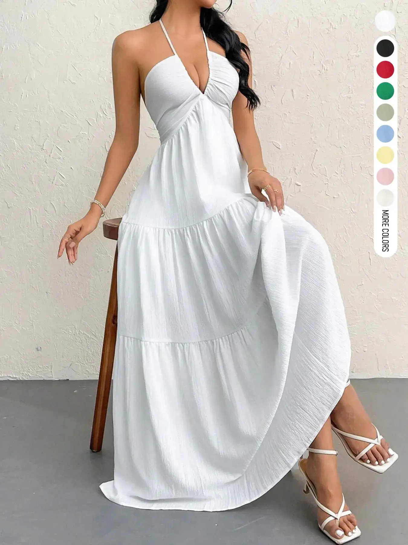 Women's Summer Daily French Vacation Relaxed Backless Bow Layered Cake Flare Deep V Halter Neck Sleeveless Maxi Dress Home Outdoor City Regular Trend Casual Elegant Youthful Simple Versatile Texture Temperament Artistic