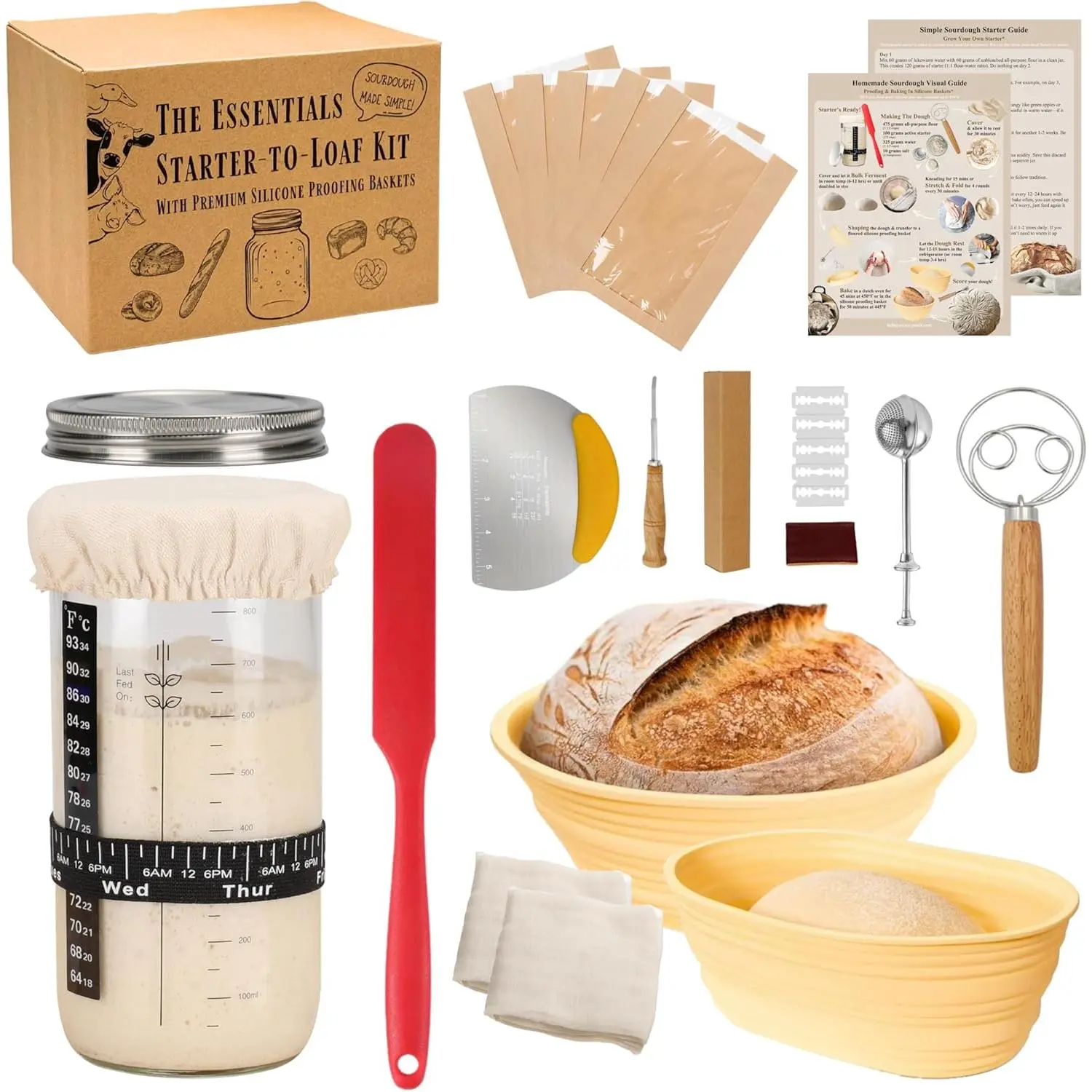 DIY Complete Sourdough Starter Kit for Home Bakers - Home Supplies Bakeware with Glass Starter Jar, Proofing Baskets, Whisk, Scraper, Lame, Silicone Baking Accessories wedding