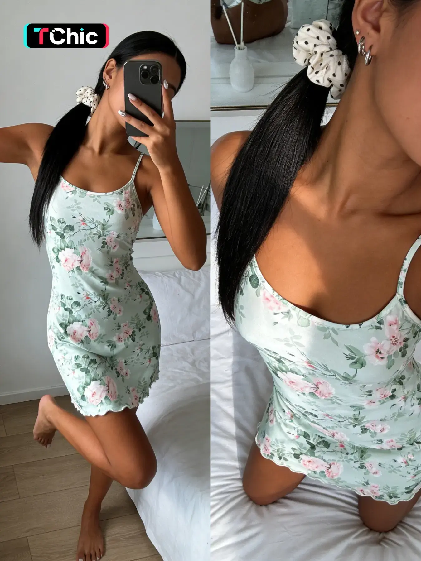 Mint Rose Print Cami Nightdress, Wave Edge Design, Soft Breathable Home Sleepwear, Comfortable and Fresh Style