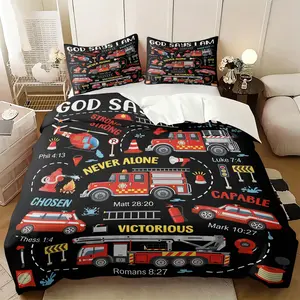 Christian Inspirational Fire Truck Print Duvet Cover Set, Includes 1 or 2 Pillowcases, God Says I Am Inspirational Bible Verse Bedding, Wrinkle Resistant All Season, Firefighter Bed Set, Toddler Fire Room Decor For Christian Boys Bedroom