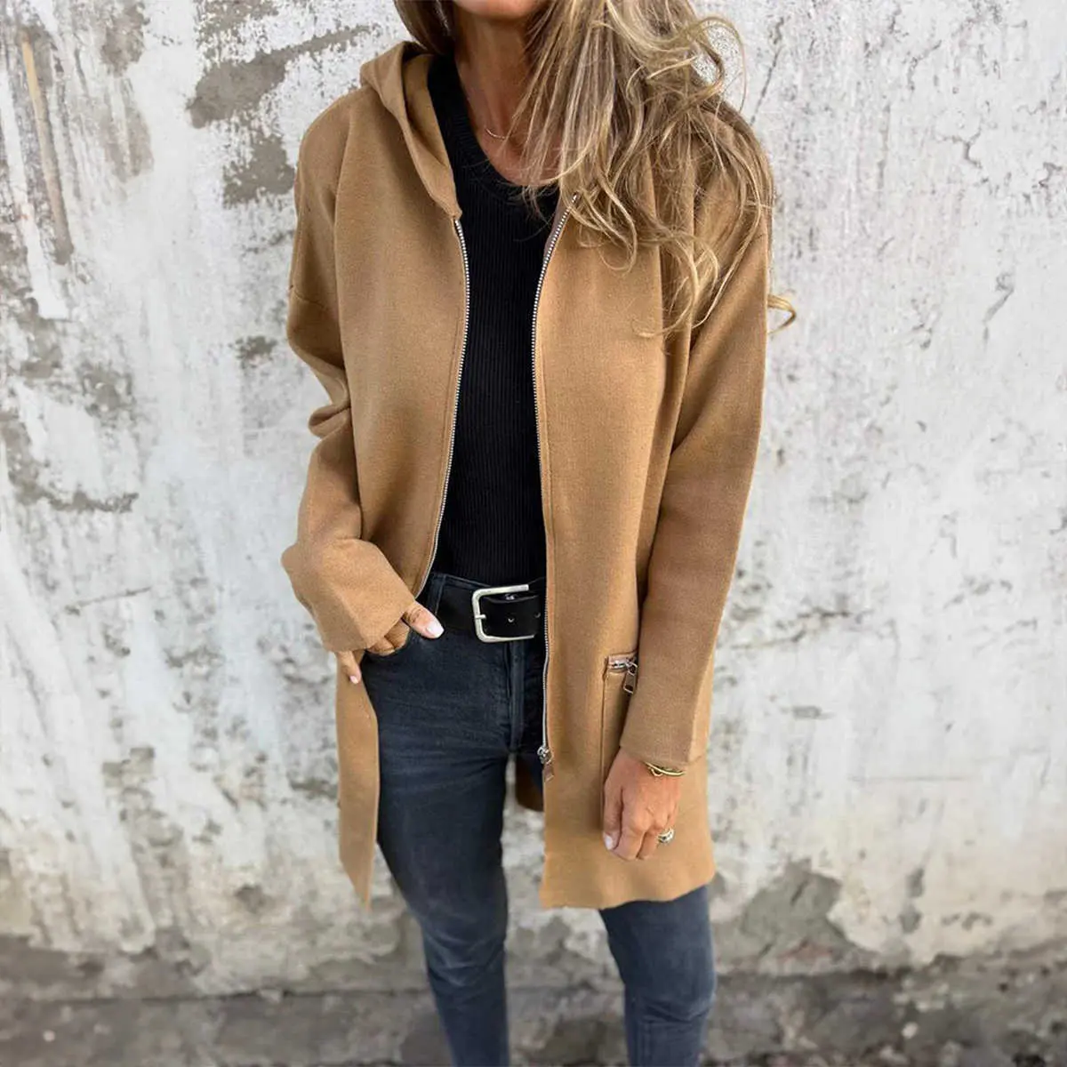 Light French Beige Solid Color Casual Zip up Hooded Coat