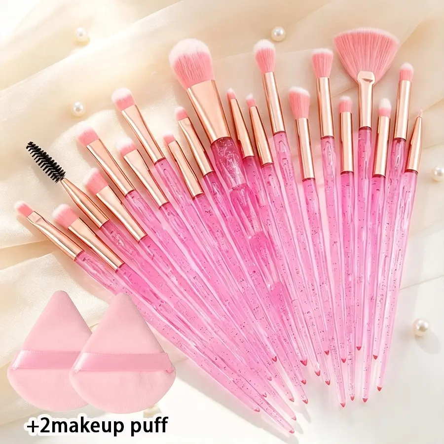 20-Piece Makeup Brush Set + 2 Powder Puffs, Crystal Diamond Handle, Shimmering Loose Powder, Eyeshadow Blending Brushes, Small Fan Shape