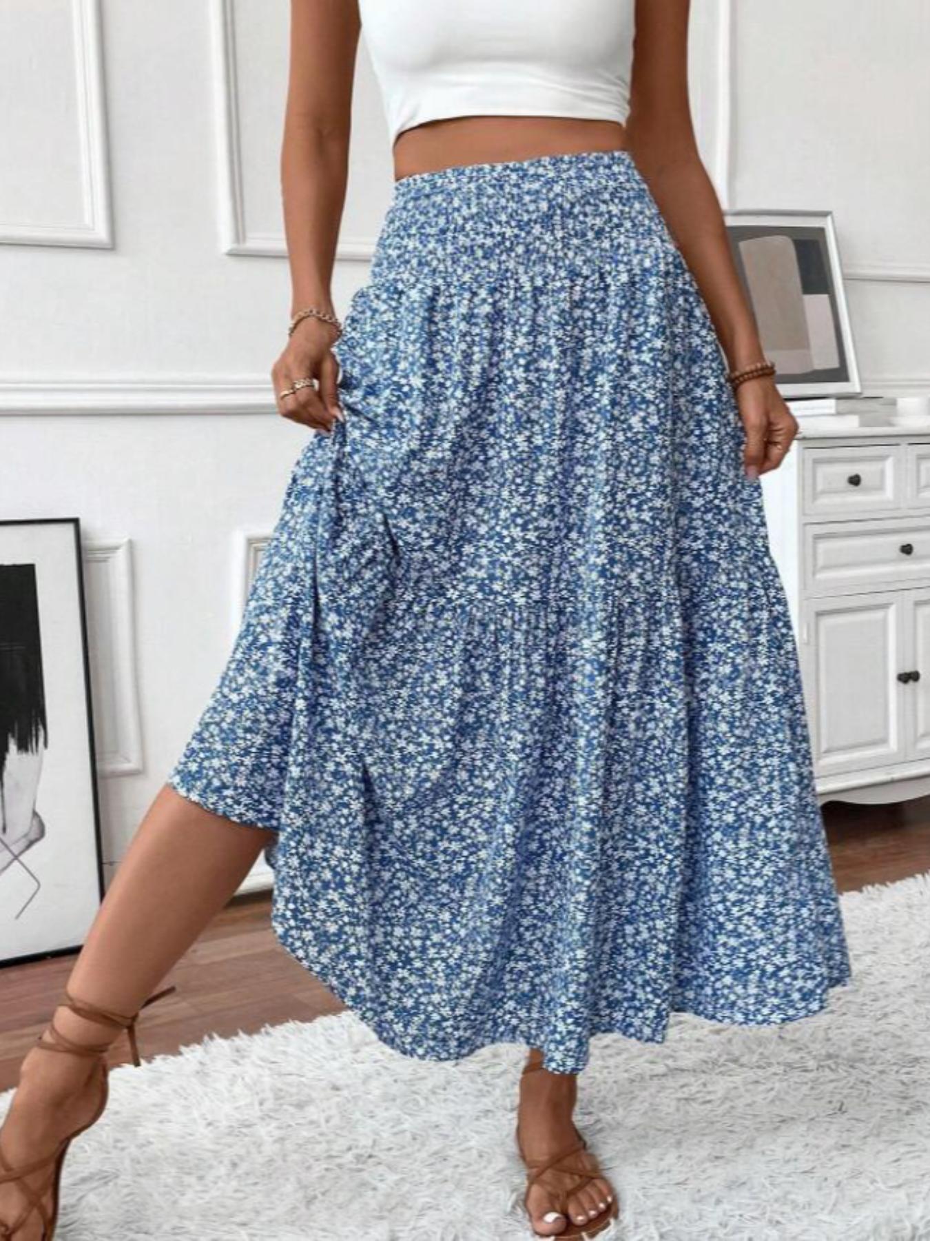 Women's Ditsy Floral Print Elastic, Boho Casual Skirts, Fashion Casual Long Skirt for Daily Holiday Vacation Wear, Ladies Bottoms for Summer