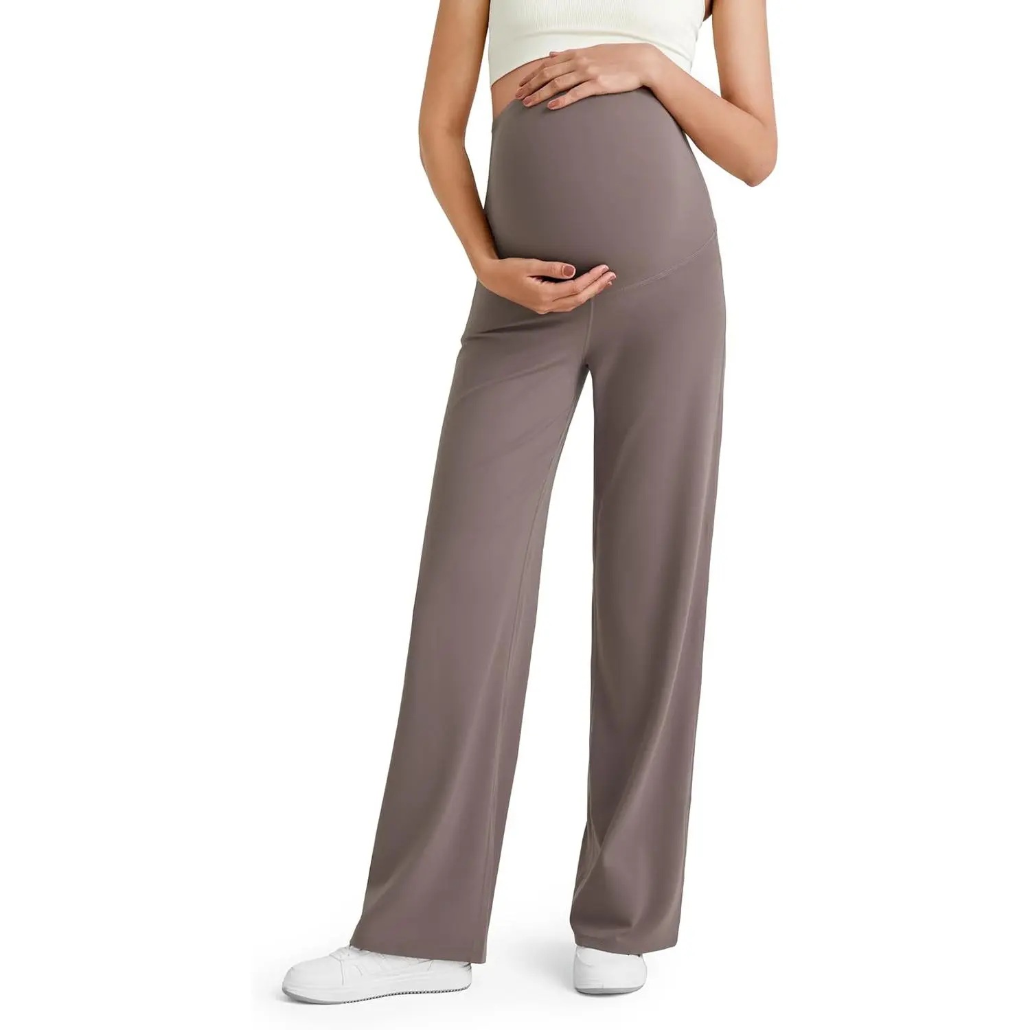 Women's Maternity BareFeel Wide Leg Yoga Pants - Large Plain Gray Sage, Postpartum Essentials, Pregnancy Wear, Tall Pregnant Woman Workout Apparel, Prop 65 Safe