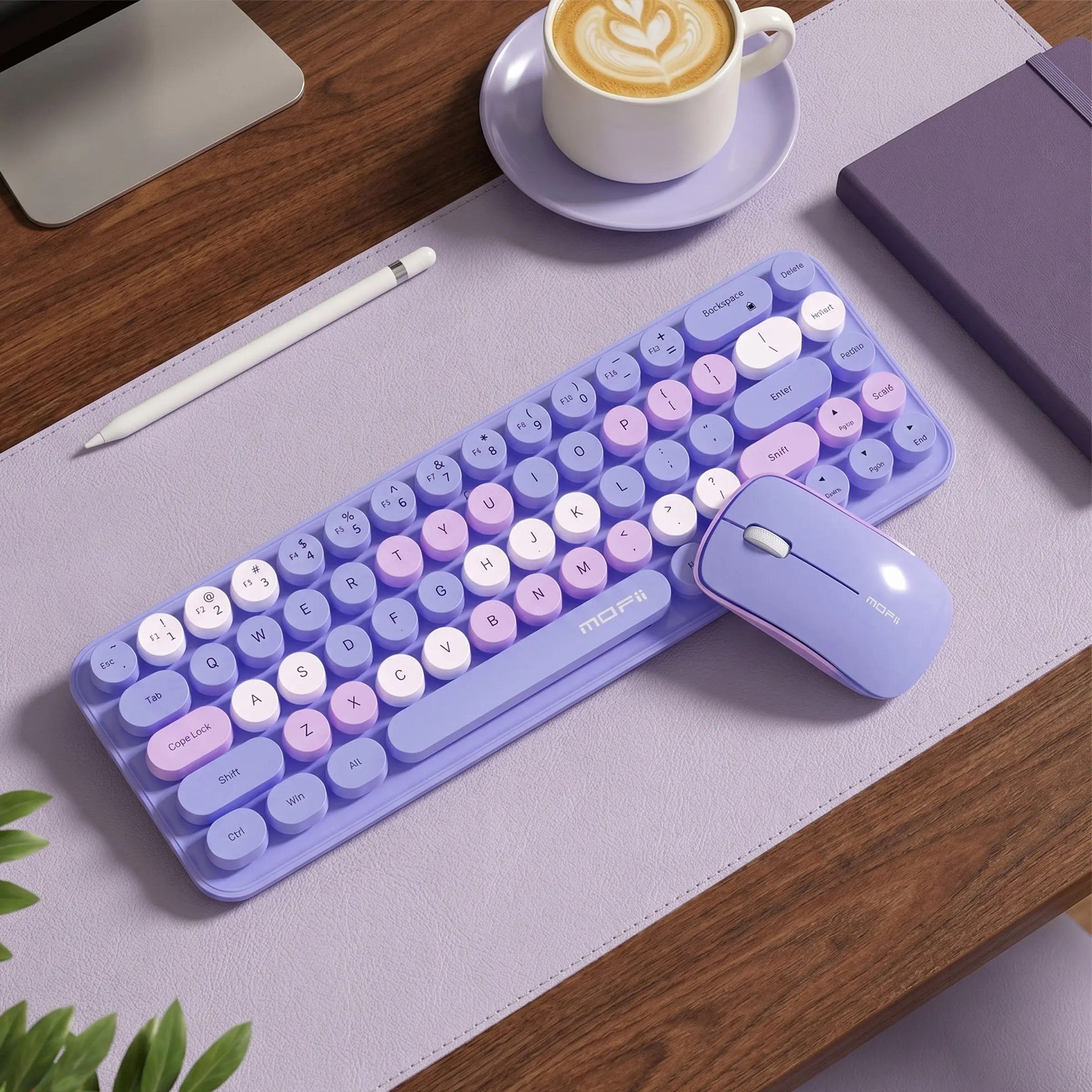 MOFii Purple Wireless Keyboard Mouse Set, Macaron Color Retro Round Keycaps 75% Compact Keyboard Combo, Works for Desktop & Laptop