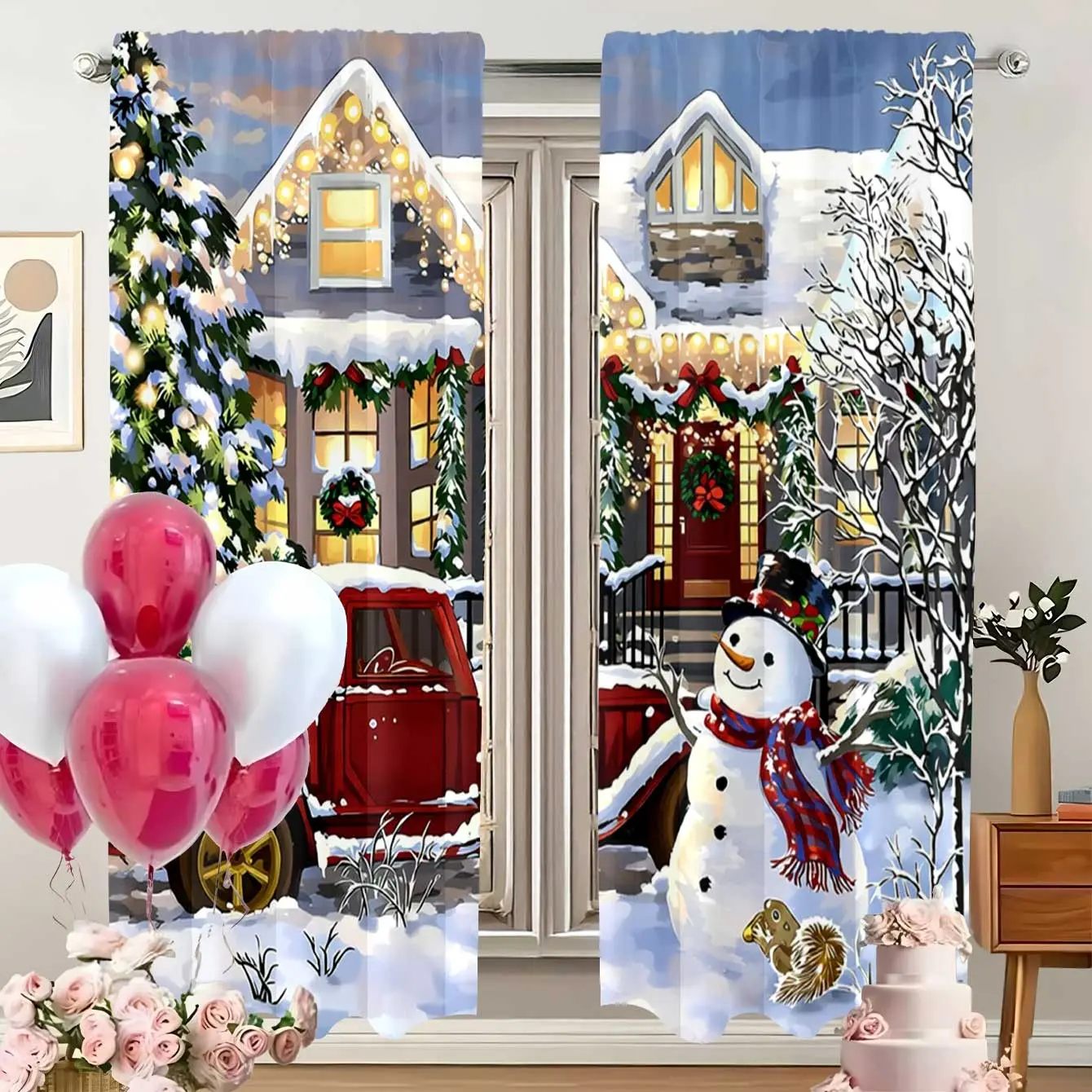 2Pcs Vintage American Farmhouse Christmas Semi Sheer Curtains, Dusk Snow Town Red Pickup Truck Snowman Pine Tree Gift Box Winter Holiday Print Rod Pocket Privacy Window Drapes, Fade Resistant Washable Curtain for Bedroom Living Room Xmas Cabin Home Decor