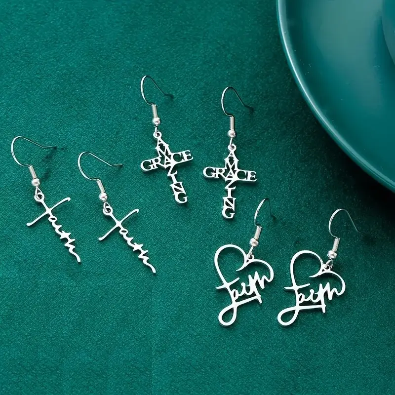 3 Pairs Of Stainless Steel Faith Letter Cross Heart-shaped Pendant Women's Earrings, Polished Surface Without Plating Jewelry, Jewelry Gift for Wife, Daughter And Mother