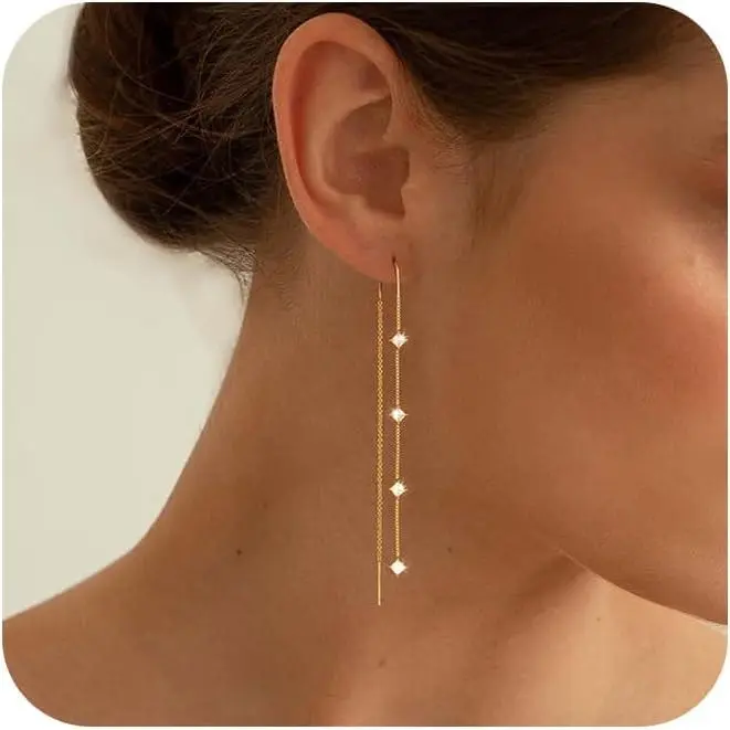 Chain Studs Earrings for Women Trendy |  14K  Plated Dangle Earrings Dainty Small Long Chain Earring Set Fashion   for Women