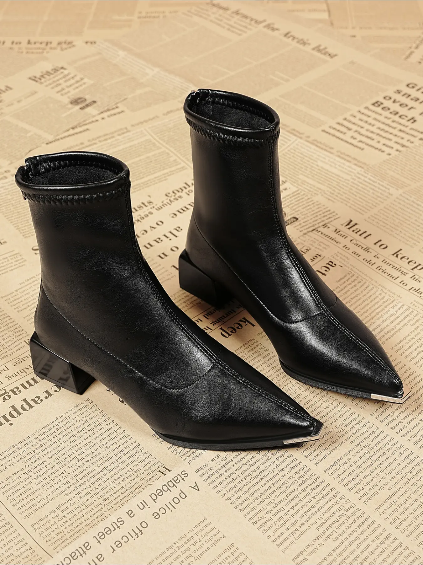 Chic Slimming Stretch Ankle Booties Anti-Collision Metal Tip Polished Upper Mid Block Heel Back Zip Dress Outfit Friendly Short Boots