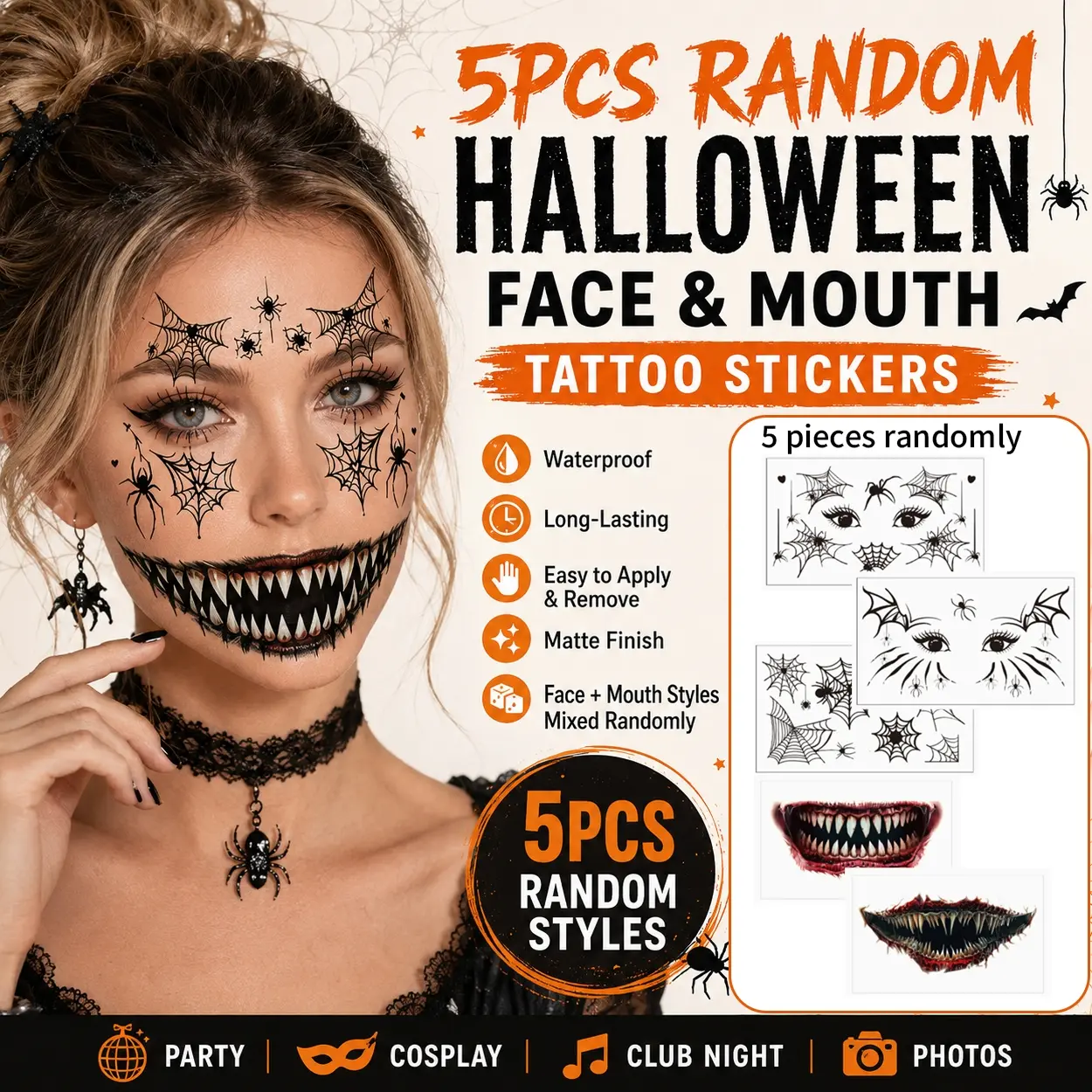5pcs Halloween Temporary Tattoo Stickers for Face and Mouth, Spider Web Eye Makeup, Bat and Skull Eyeshadow Decals, Long Lasting Waterproof Party Tattoos for Women, Cosplay Costume, Gothic Masquerade, Carnival, Club Night and Photos