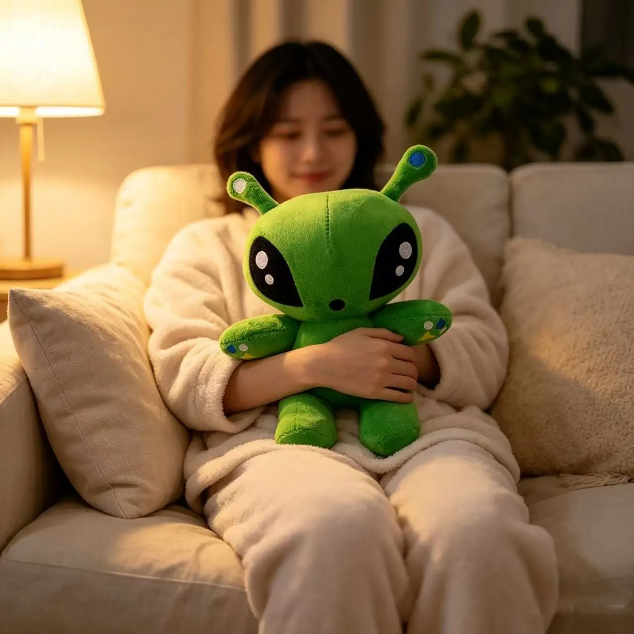 Cute Alien Plush Ornament, Huggable Collectible, Soft Fluffy Alien Figure Decor, Kawaii Space Themed Tabletop & Bedroom Aesthetic Accent, Cosmic Style Home Shelf Display