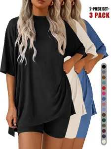 2026 Spring Summer New Arrival Women's 2 Piece Loungewear Outfit Set, Crew Neck Side Split Oversized Baggy Short Sleeve T-Shirt + Biker Shorts Tracksuit, Soft Stretch Solid Color Casual Sweatsuit for Daily Home Workout & Streetwear