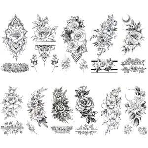 Flower Temporary Tattoos for Women, 11-Pack Henna Design Variety Pack Fake Tattoos, Long-lasting Rose Floral Realistic Tattoos for Arm Shoulder Chest Body Wrist