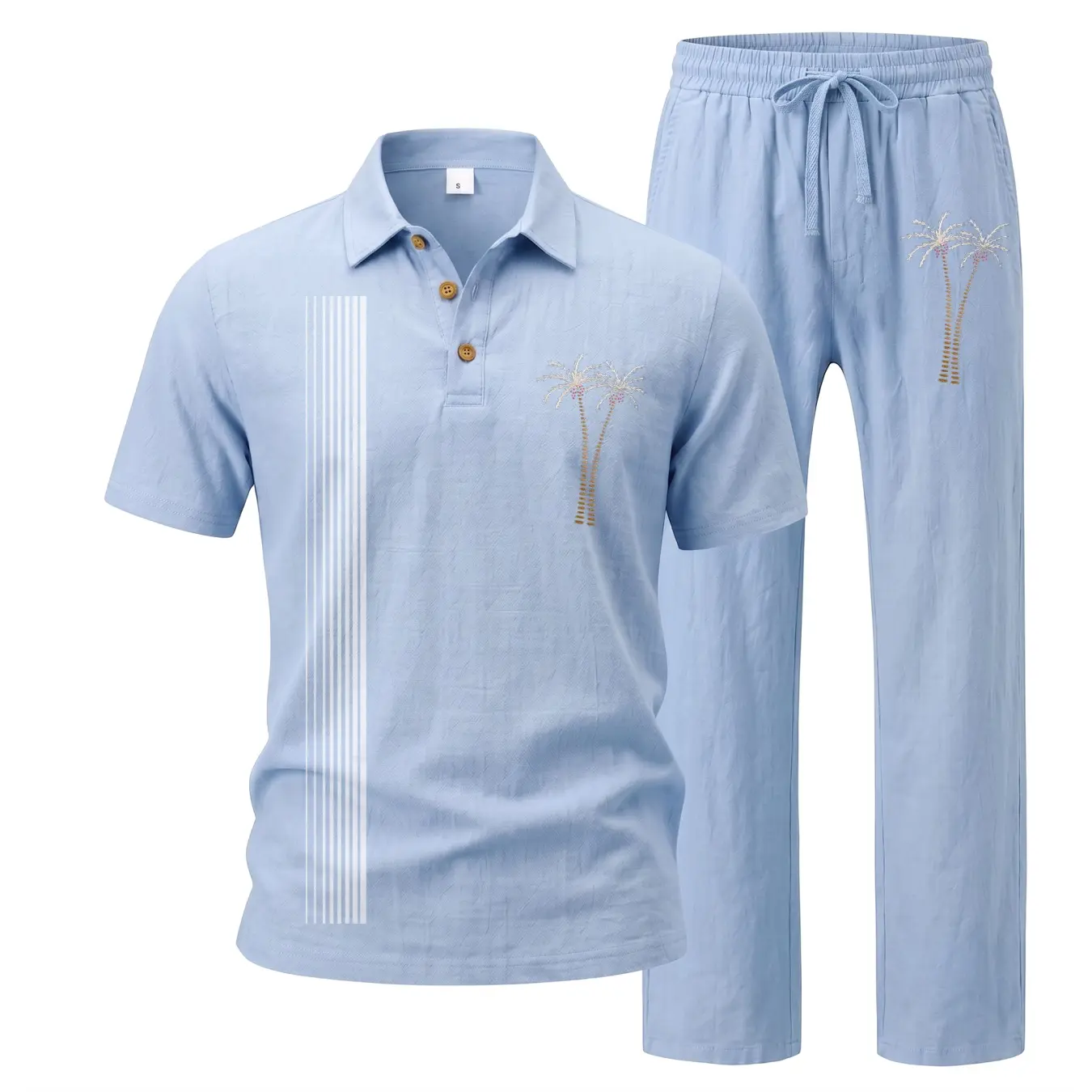 Men’s Linen Blend Two Piece Set, Short Sleeve Polo Shirt and Long Pants Outfit with Tropical Palm Tree Detail, Lightweight Breathable Casual Matching Set for Summer Vacation, Beach and Travel Wear