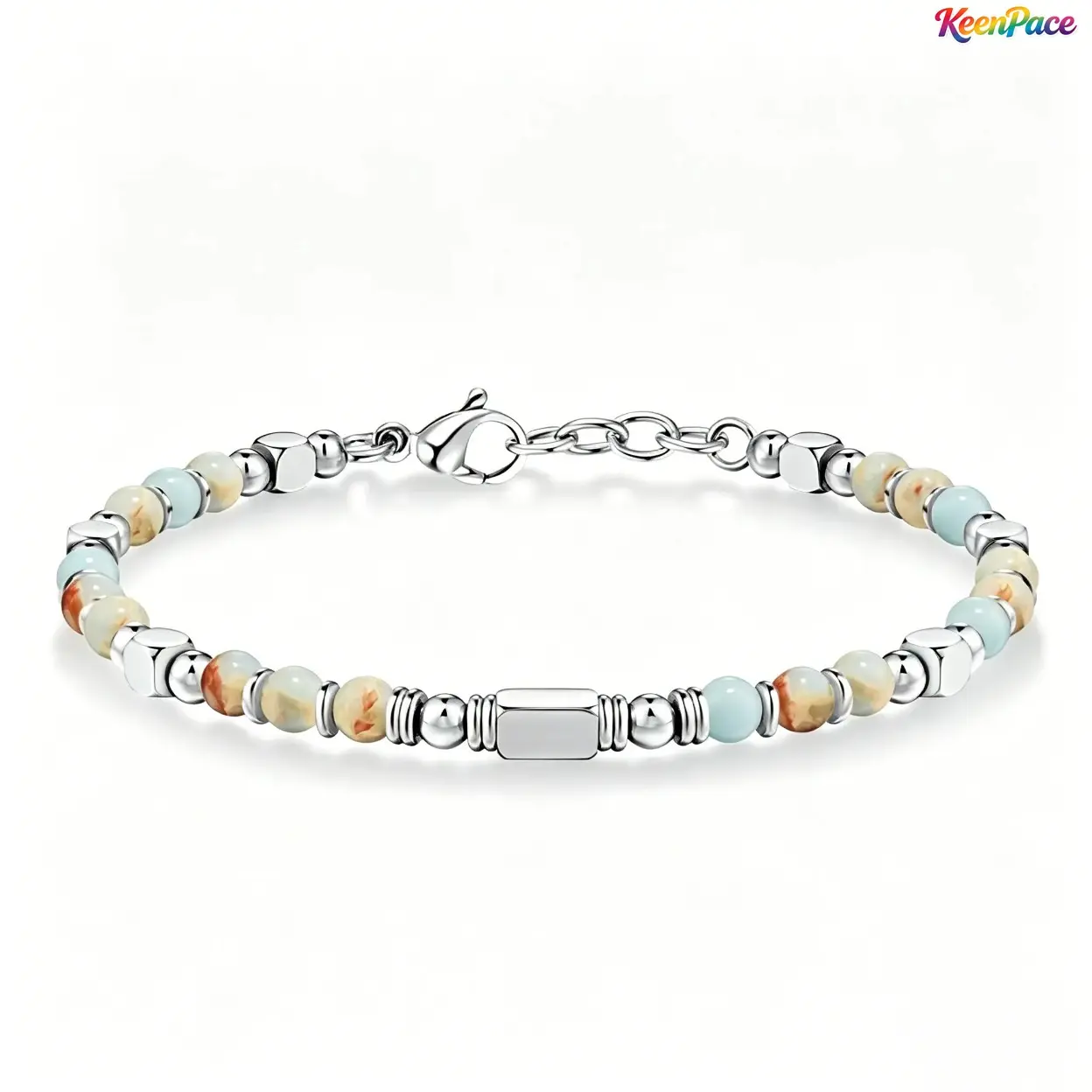 4MM Natural Stone Beaded Bracelets For Women & Men, Stainless Steel Band Inlaid Blue Crystal, Obsidian, Tiger Eye & Turquoise, Calming Anxiety Relief Friendship Jewelry, Minimalist Daily Unisex Wrist Accessory