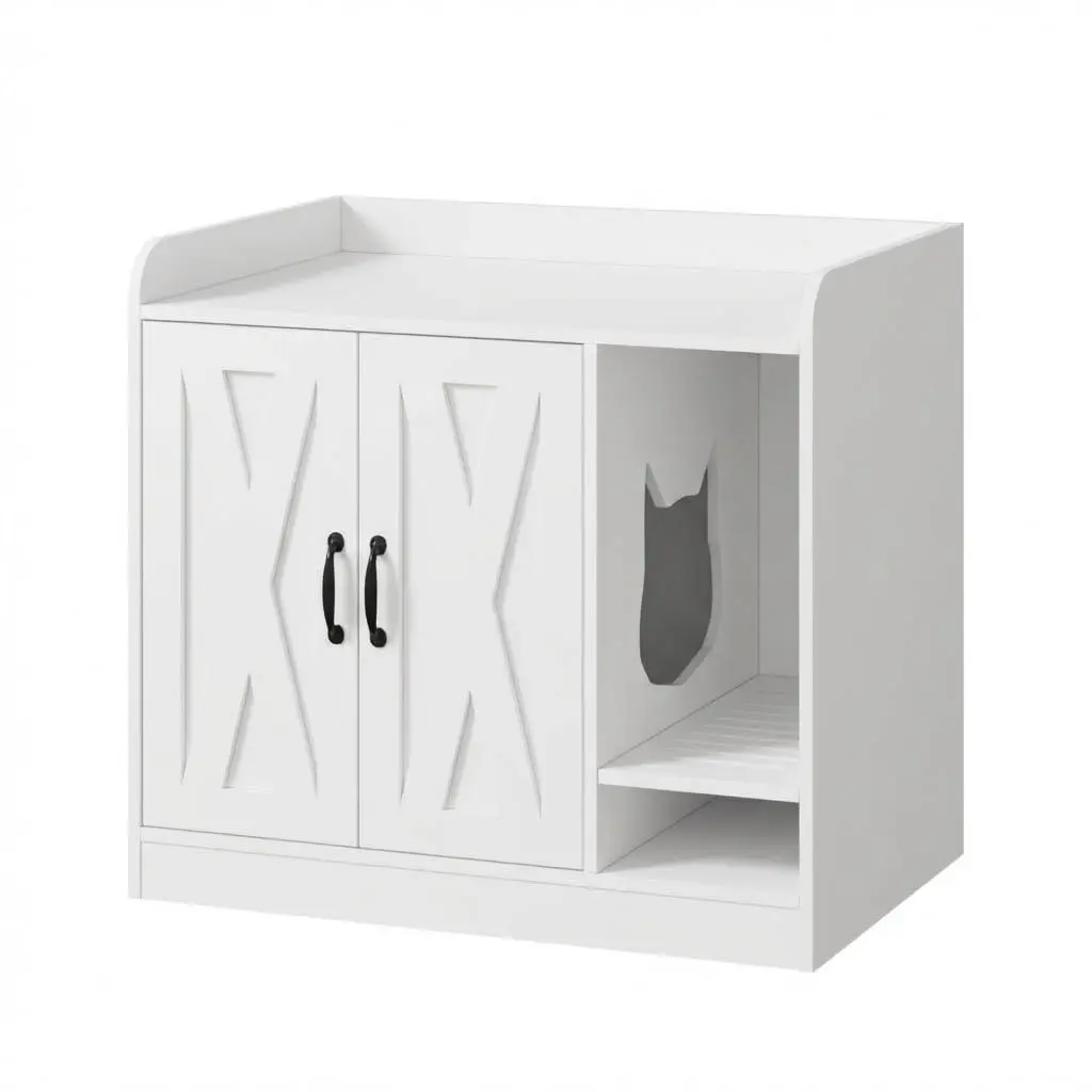 Garvee Cat Litter Box Enclosure,Hidden Litter Box Furniture with Divider,Indoor Cat House,Wooden Cat Washroom Storage Cabinet Bench, Side End Table Nightstand, 33.07"L × 23.62"W × 23.92"H,White