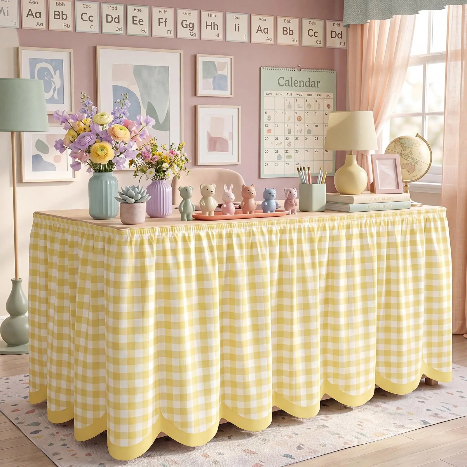 Teacher Desk Skirt 6 Feet Plaid Lace Edge Classroom Decor, Lace Tablecloth for Teacher Desk, Kindergarten Office Decoration