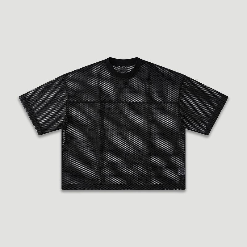 Unisex Boxy Fit Black White Mesh T Shirt for Mens 260G Heavyweight Vintage Streetwear Crop Top Breathable Layering Tee