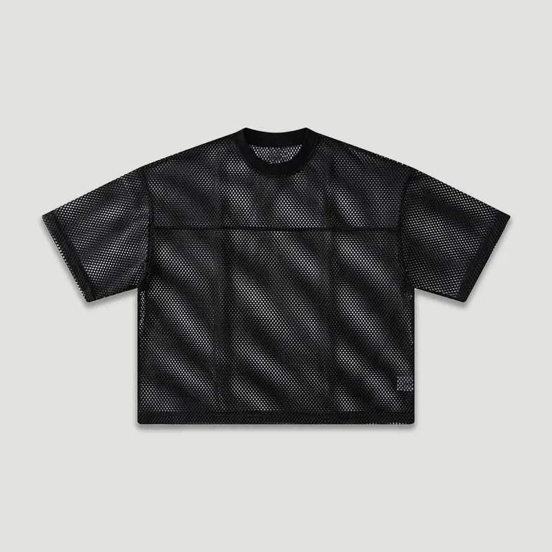 Unisex Boxy Fit Black White Mesh T Shirt for Mens 260G Heavyweight Vintage Streetwear Crop Top Breathable Layering Tee
