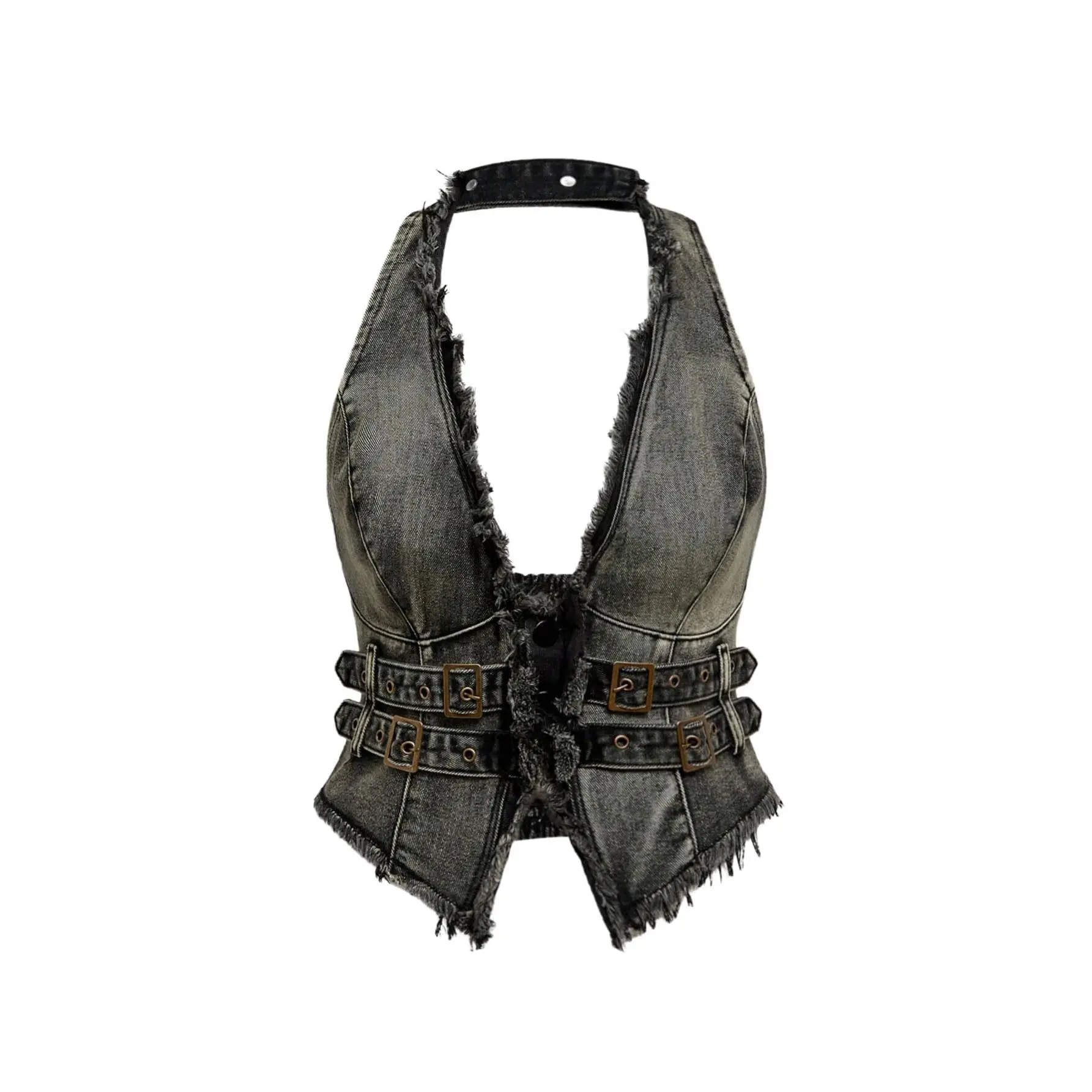 Plus Size Frayed Denim Halter Top Buckle Backless Punk Hippie Jean Crop Tops