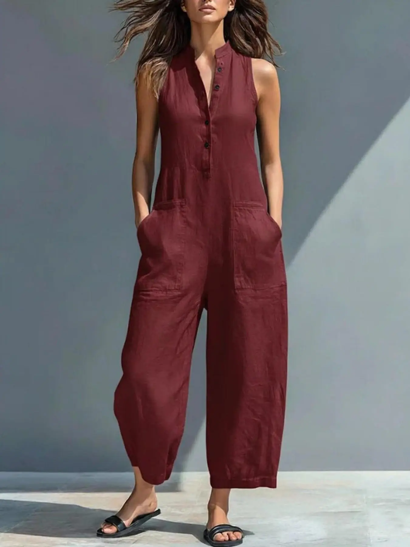 2026 New Fashionable Casual Women's Jumpsuit, Plain Sleeveless Ruched Button Design, Long Fitted Style, Ideal for Work and Daily Wear