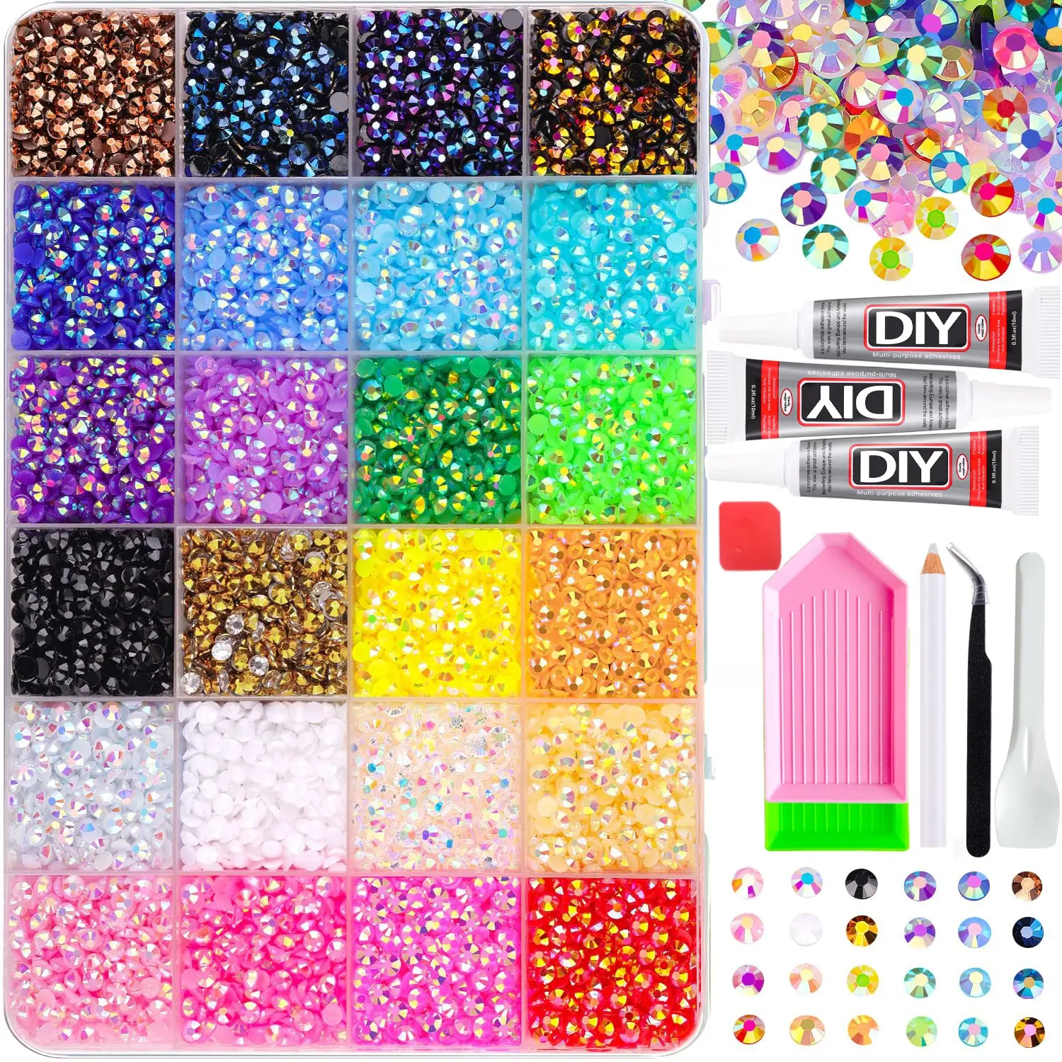24-Piece Rainbow Color Rhinestone Set, Multi-Specs & Styles, Includes Tray, Tweezers, Dotting Tool, DIY Nail Art Kit, Nail Art Rhinestones 、 Flatback Crystals 、 with Adhesive Glue 、 Diamond Painting，Christmas Gift for Women