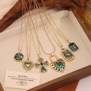 Vibecharm Women's French Vintage Emerald Necklaces - Non-Tarnish Stainless Steel Long Chain, Coquette Aesthetic Butterfly Flower Charm Dangle Necklaces, Fairy Inspired Gothic Romance Daily Jewelry Gift