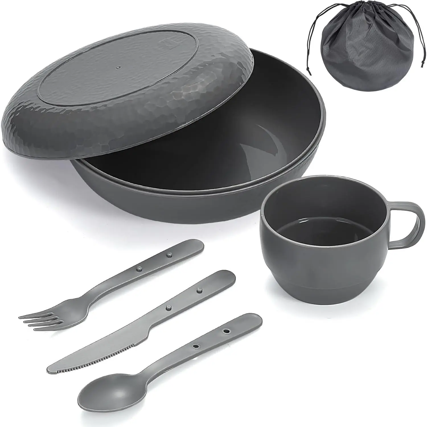 Camping Mess Kit with Bowl, Plate, Cup, Spoon, Fork, Knife and Carry Bag, Plastic Camping Accessories Essentials Gear  Travel, Camping, Picnic, Outdoor, Easy to Carry & Store
