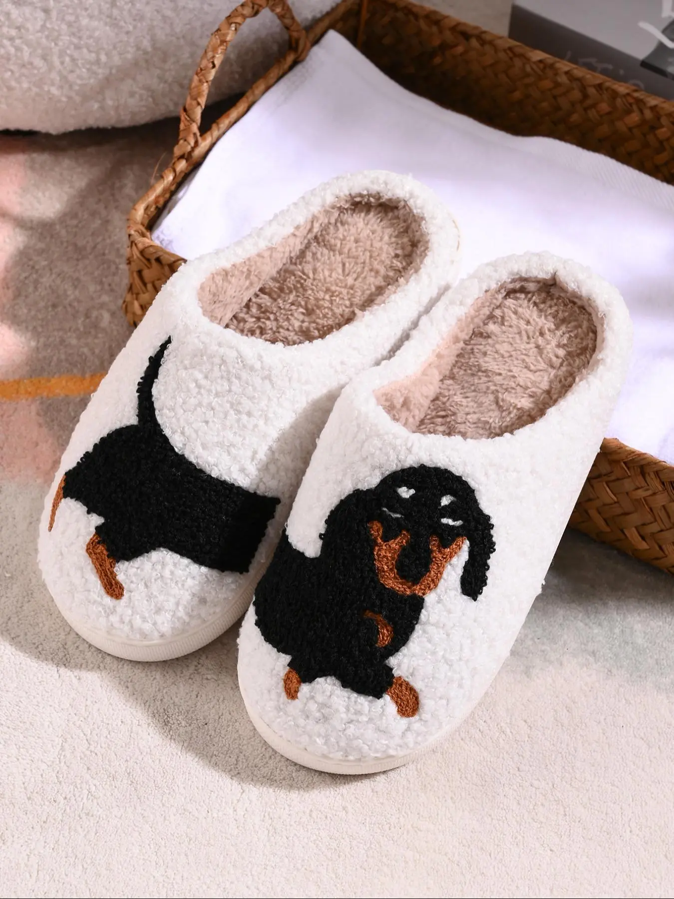 New Fall Winter Home Slippers, Comfortable Thick Sole Non-Slip Cartoon Dog Design, Warm Plush Indoor Shoes for Men and Women