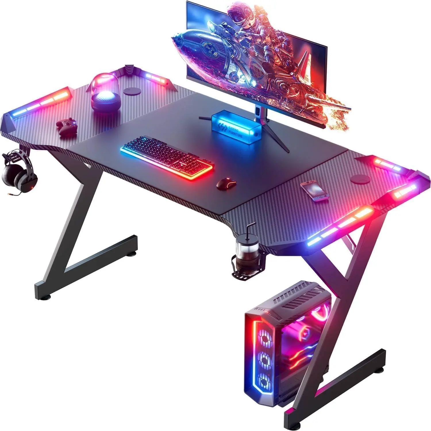 40 Inch Gaming Desk with Carbon Fiber Surface & LED Lights, Black