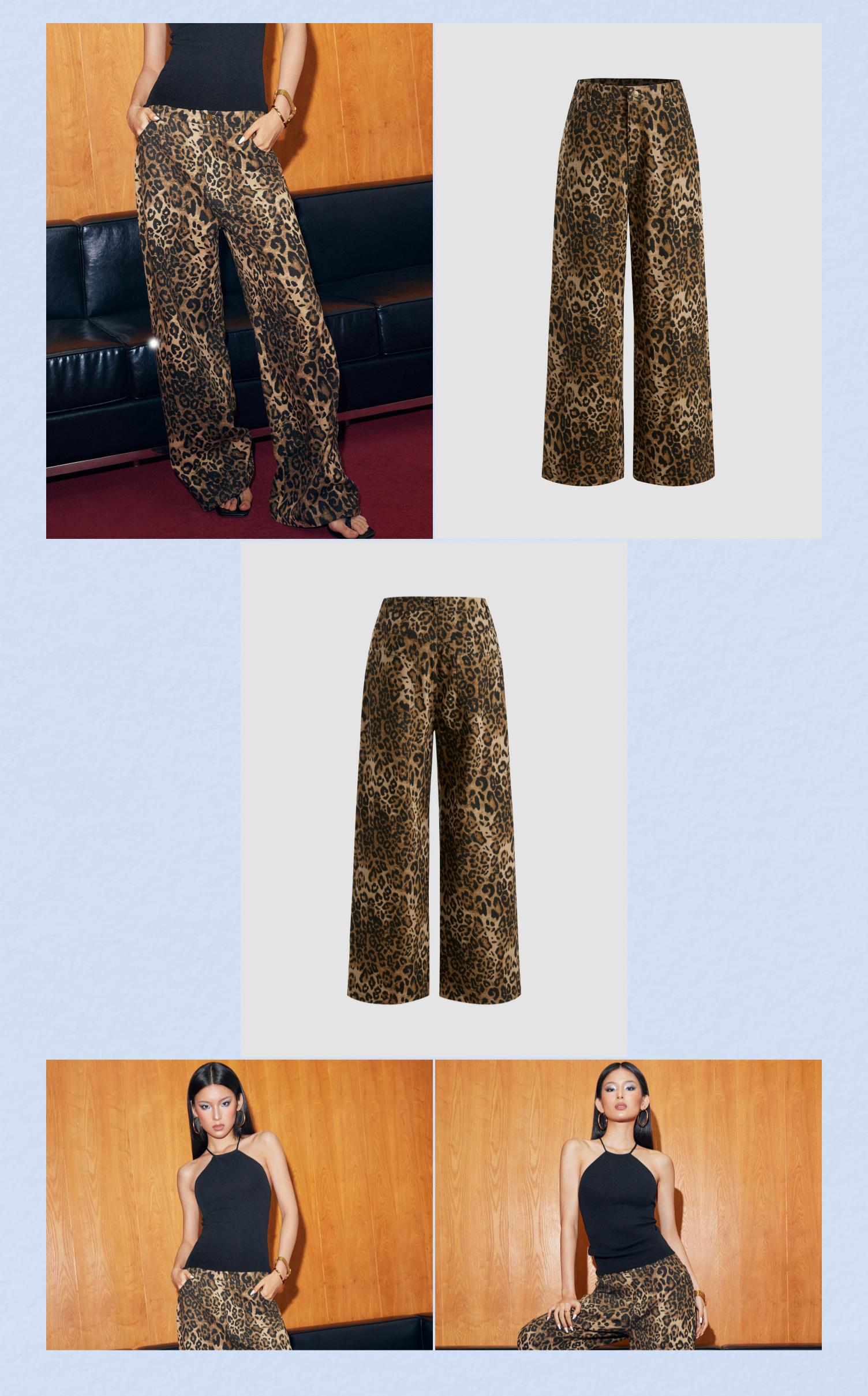 Cider [4 colors, size 0-26] Denim Mid Waist Leopard Wide Leg Pants, 100% Cotton Animal Pants for Daily Casual Streetwear, Viral Pinterest Hiphop Vintage Style Pants With Pockets, Summer Y2k Pants for Women