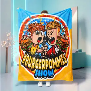#Burgerpommes Show Podcast Cartoon Fleece Throw Blanket, Soft All Season Blanket For Sofa Bed Nap Office Car Travel Camping, Blue Yellow Split Background Two Host Burger Microphone Cartoon Print Decor Blanket, Cool Gift For Burgerpommes Show Podcast Fans