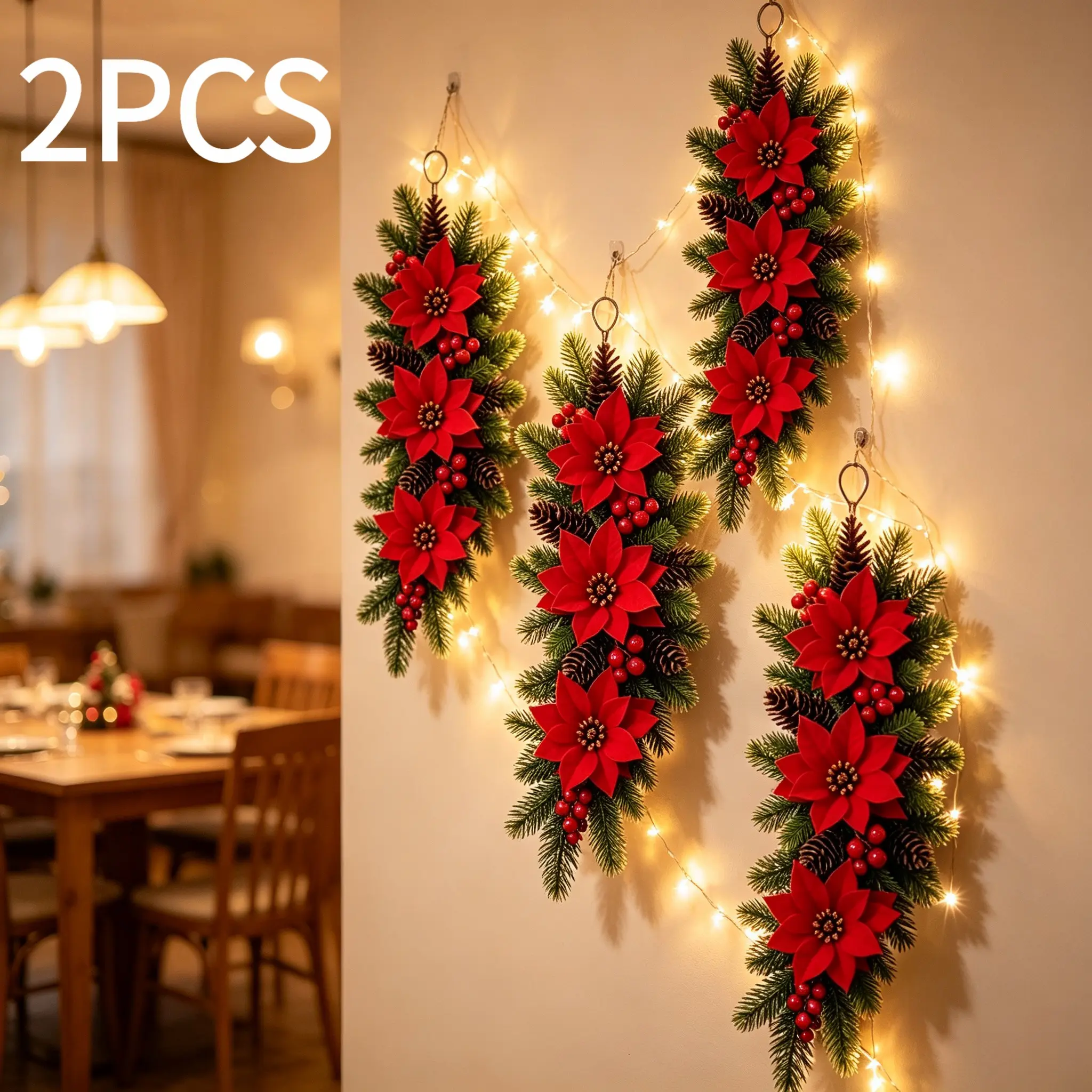 2-Pack Farmhouse Style Lighted Christmas Stair Garland with LED Lights, Artificial Pine Branches, Red Poinsettias, Berries and Pine Cones, Teardrop-Shaped Glowing Ornaments, Ideal for Front Door, Staircase and Indoor Christmas Home Decor
