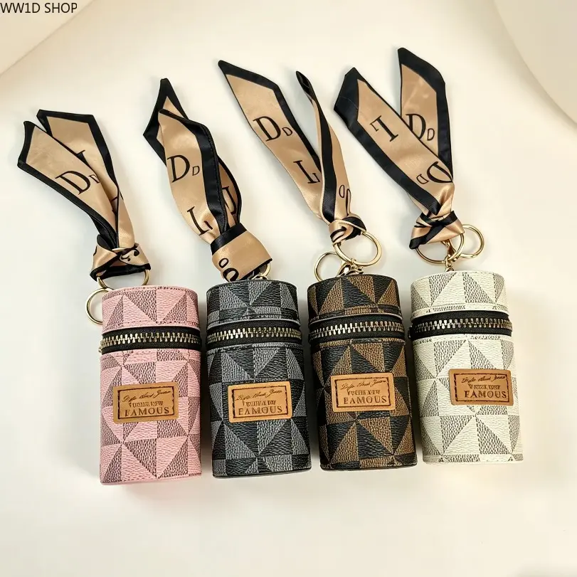 Vintage Leather Key Pouch  Vintage Leather Key Pouch, Monogram Barrel Keychain Organizer for Car Keys and Handbags, Retro Stitched Storage Charm with Secure Zipper Closure