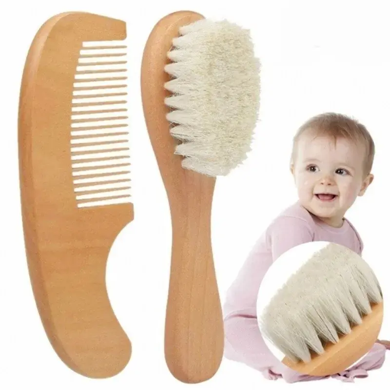 Newborn Baby Wool Wooden Brush Comb, Infant Head Massager, Portable Baby Comb, Hair Bath Brush, Cradle Cap Brush, Gentle on Delicate Skin