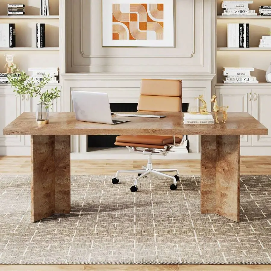 63-Inch Executive Desk, Vintage Home Office Computer Desk With Large Tabletop, Farmhouse Wood Writing Conference Table Workstation Office, Study