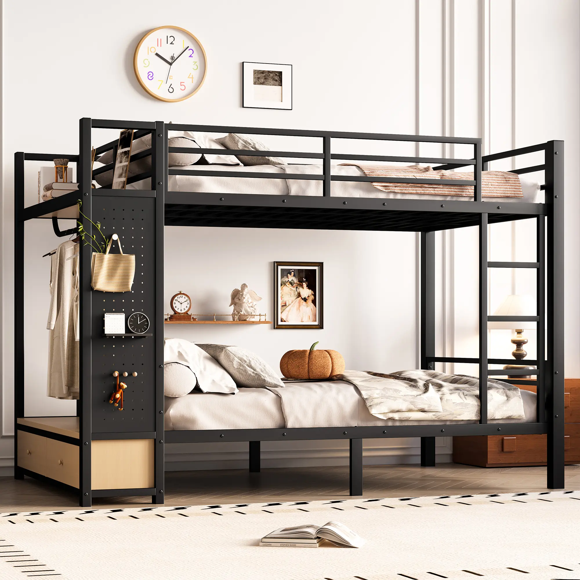 ARCH Full over Full Size Metal Bunk Bed for Teens with Storage Shelves, Drawers and Pegboard, Black, Space-Saving Twin over Full Loft Bed Frame for Kids Bedroom, Durable Steel Construction, No Box Spring Needed, Bedroom Furniture for Bedroom