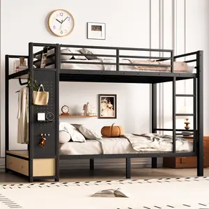 ARCH Full over Full Size Metal Bunk Bed for Teens with Storage Shelves, Drawers and Pegboard, Black, Space-Saving Twin over Full Loft Bed Frame for Kids Bedroom, Durable Steel Construction, No Box Spring Needed, Bedroom Furniture for Bedroom