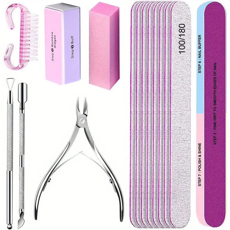 15Pcs/lot Nail Art 100/180 Grit Professional Files Buffer Sponge Block Brush Nail Scissors Kit With Cuticle Nipper Pushers Manicure Set UV Gel Polish Tools