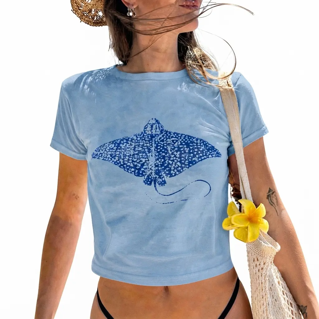 Spotted Stingray Ocean Graphic Slim Fit White Crew Neck Crop Top Short Sleeve T-Shirt, Soft Comfortable Casual Y2K Ocean Theme Summer Vacation Daily Beach Streetwear Top