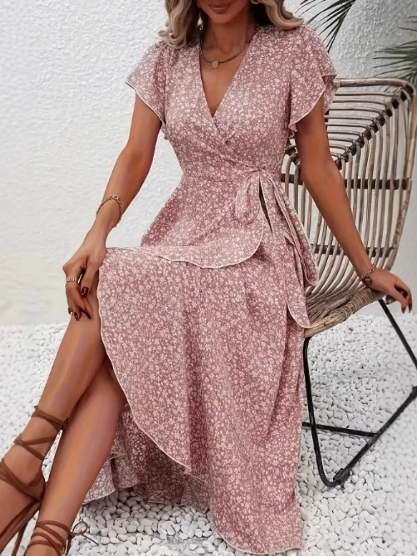 Women V-Neck Flutter Short Sleeve Wrap Dress, Self Tie Waist, Asymmetrical Hem, Ditsy Floral Print, Casual Party Midi Dress