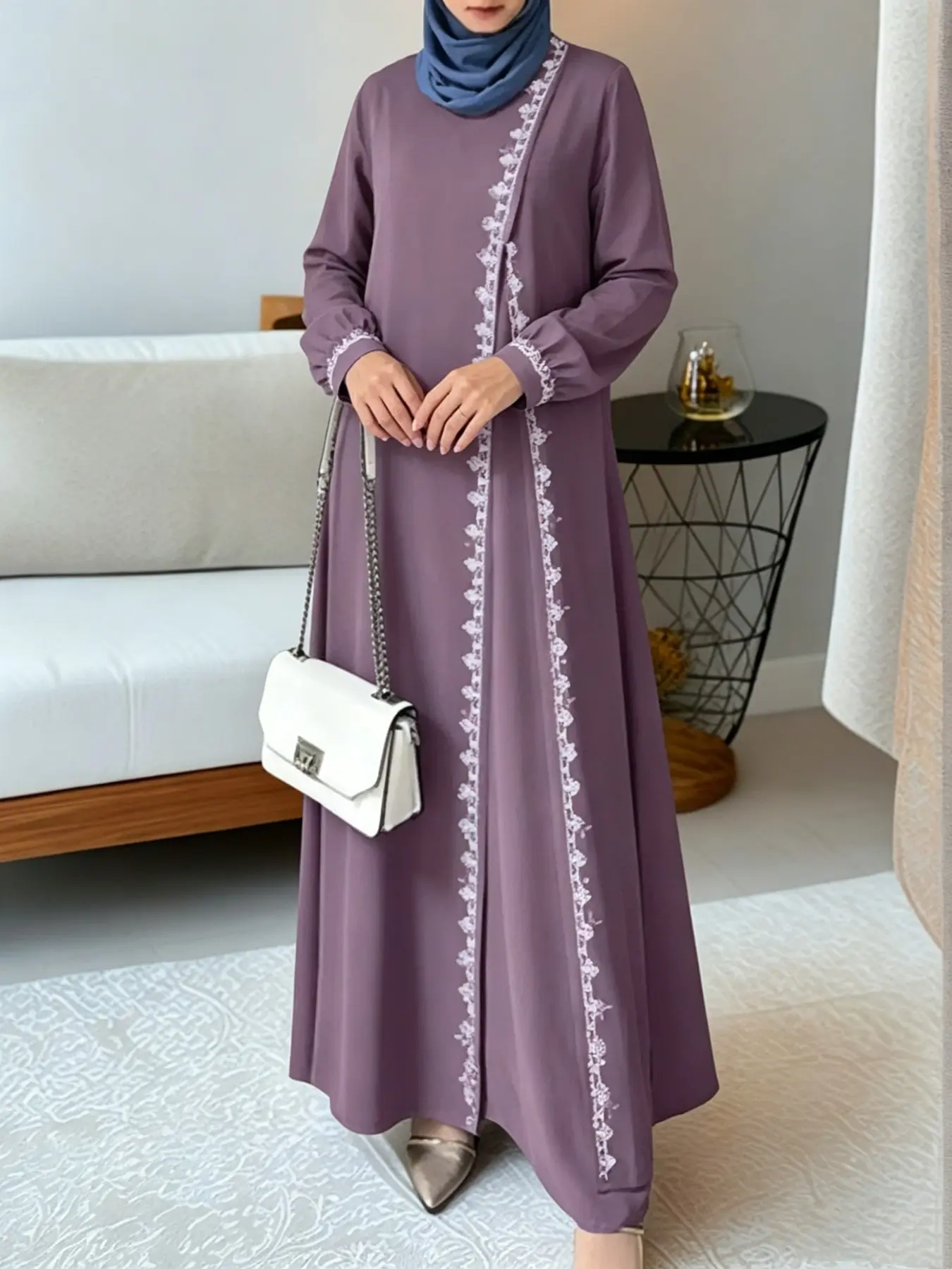 Women's Long Sleeve Lace Dress, Round Neck Loose Fit Maxi Dress, Plain Color Casual Dress for All Seasons, Modest Dress, Modest Style Dress, Muslim Dress, Muslim Evening Dress, Muslim Women Gowns, Maxidresses, Modest Muslim Clothing