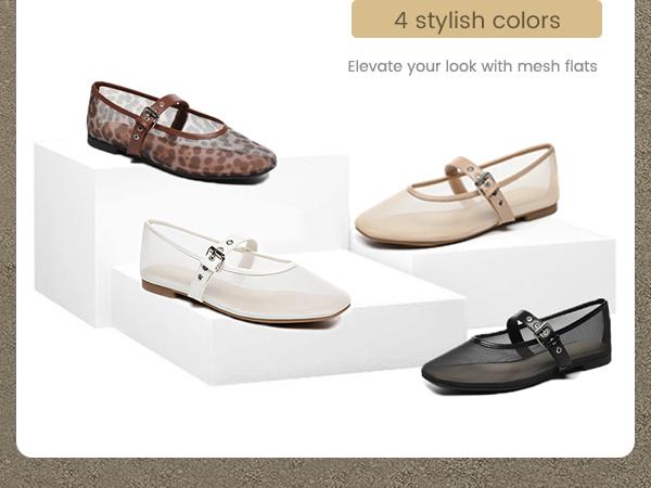 Mesh Ballet Flats for Women Square Toe Buckle Strap Mary Jane Flats Comfortable Casual Ballerina Shoes Footwear Girl Leopard
