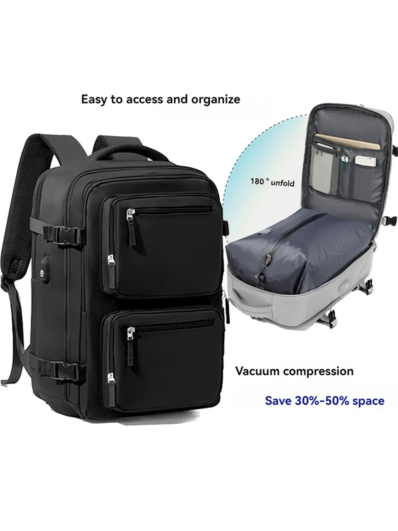 Vacuum Compressed Space-Saving Luggage Backpack with Manual Air Pump, Multi-Layer Partition for 15.6-Inch Laptop, Short Trip Travel Shoulder Bag
