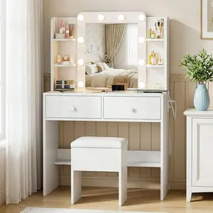 Complete Bedroom Makeup Vanity Set with Matching Chair Vanity Desk fitted with 10 Bulb Lighted Mirror 3 Adjustable Lighting Modes Built in Power Outlet Abundant Storage Drawers Open Shelves to Organize Cosmetics Daily Beauty Accessories glass top