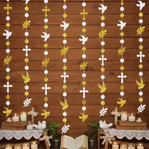 Frienda 8 Pcs Baptism Cross and Dove Garland Banner Christening God Bless Hanging Banners Decoration First Holy Communion Baby Shower Garlands Gold and White Christain Wedding Birthday Party Supplies